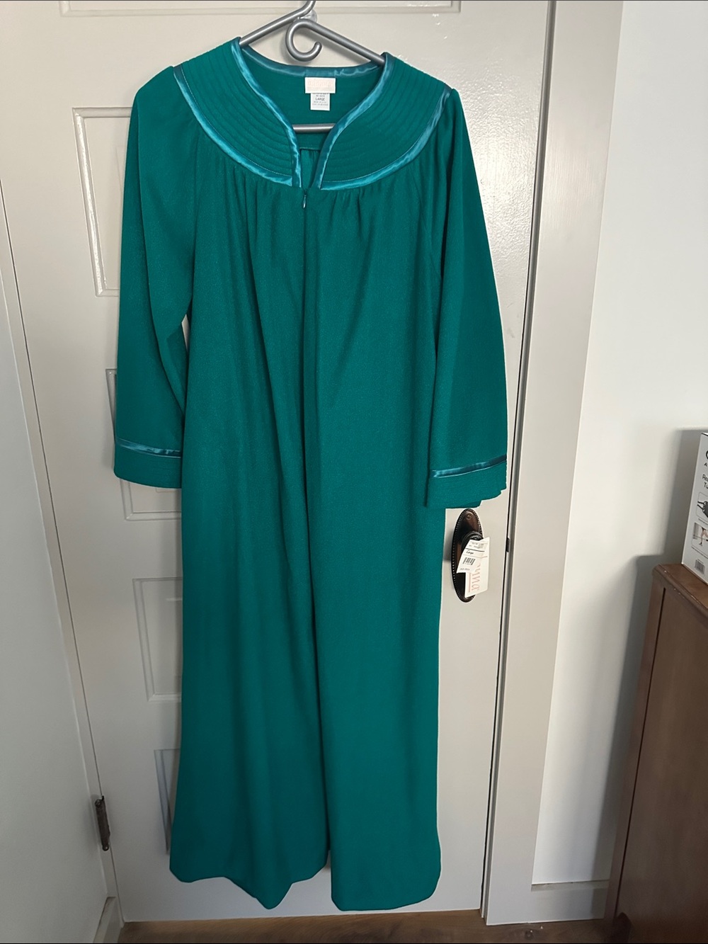 Teal Long Robe with Satin Trim
